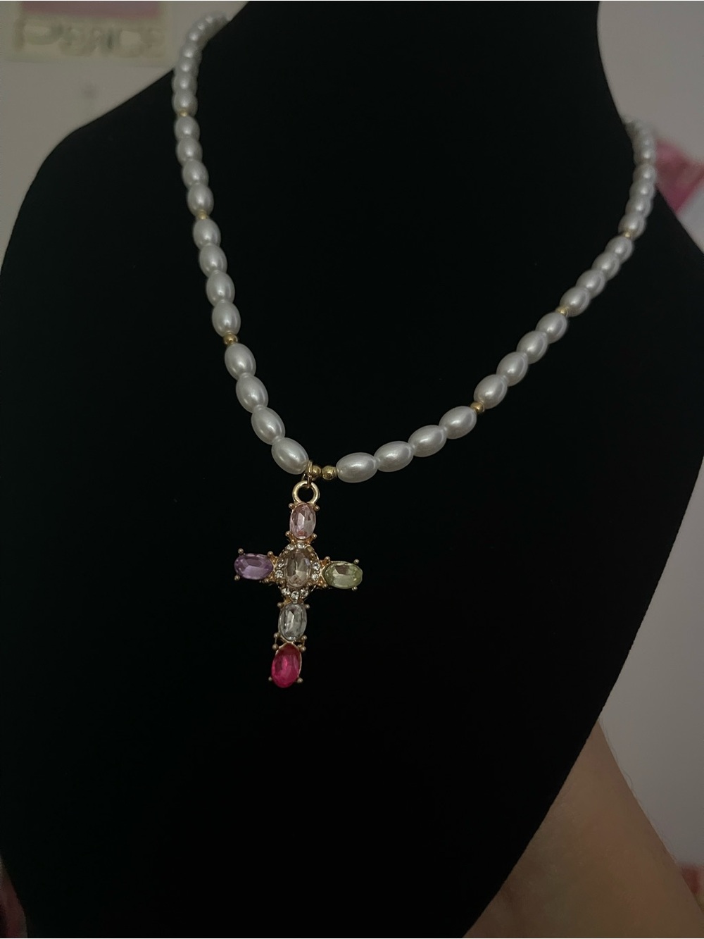 Pearl Beaded Necklace with Multicolored Gem Cross Pendant